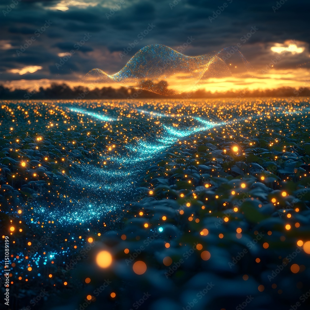 Poster Verdant soybean field bathed in golden hour light a hypnotic display of luminous data particles gracefully undulating above merging the natural and technological impressionistic brushstrokes utopian