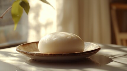 Bright Side View of a Photorealistic Douhua Dessert on a Plate Surrounded by Natural Light and Soft Textures