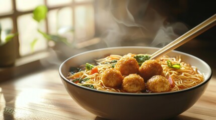 Photorealistic Side View of Delicious Noodle Bowl with Meaty Balls and Fresh Vegetables in Steamy Background
