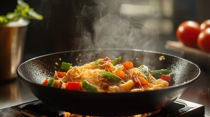 Photorealistic Side View of Delicious Stir-Fried Ingredients in a Wok with Flavorful Steam Rising