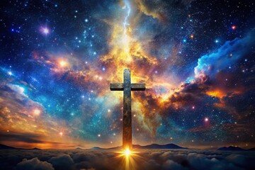 Fototapeta premium Celestial Cross - Religious Night Sky Photography AI Art