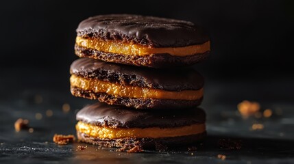 Photorealistic Side View of Three Delicious Chocolate-Covered Cakes on Dark Surface