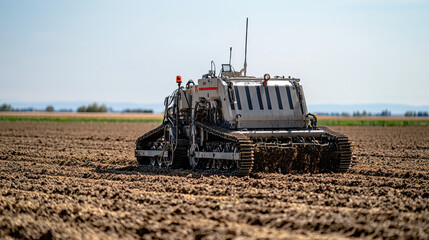 Fototapeta premium Robust, modern tilling machine working on expansive farmland, symbolizing advanced agricultural practices
