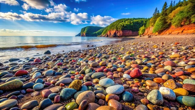 Multi-colored stones scattered on a peaceful Bay of Fundy beach, multicolored, stones, beach, Bay of Fundy, colorful, pebbles