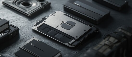 Obraz premium A stock wallet with a modular design, detachable compartments, sleek industrial look, metallic silver and black, 