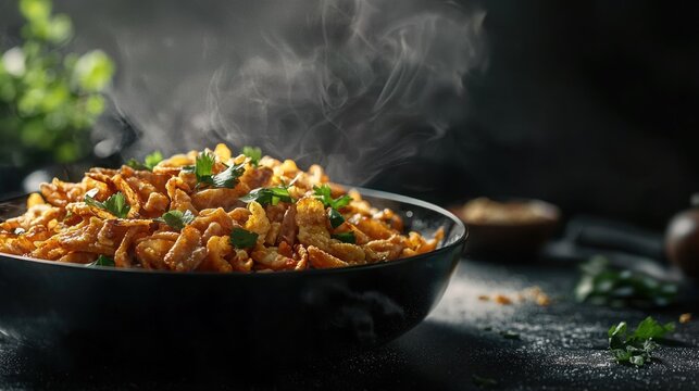 Photorealistic Side View of Kottu with Fresh Ingredients and Steam Illustrating Culinary Artistry
