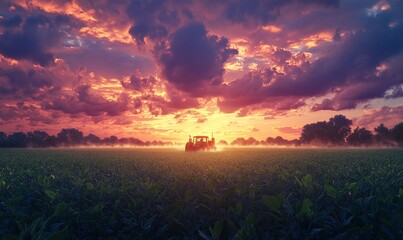 A tractor working in a lush field during a vibrant sunset.