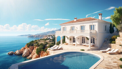 Fototapeta premium A Traditional Mediterranean White House with a Stunning View of the Ocean