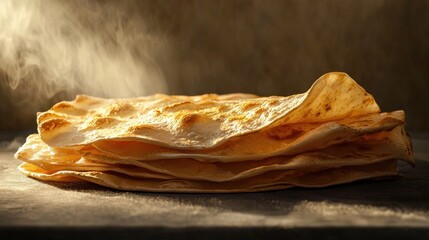 Photorealistic Side View of Delicious Lavash with Steam on a Dark Background for Culinary Imagery