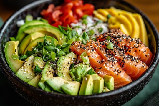 a healthy budah bowl with salmon and avocado