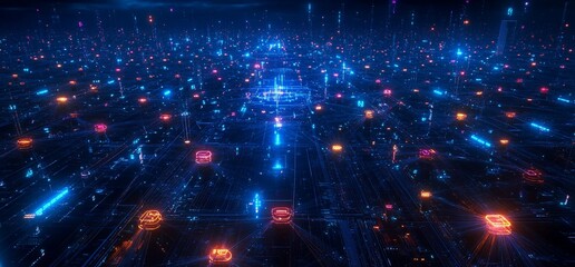 Obraz premium A vibrant digital landscape representing interconnected data networks.