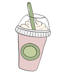 Sweet blended drink with whipped cream, smoothie milk, yummy drinks doodle elements, drawing vector, isolated  illustration