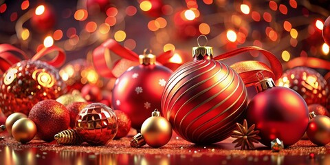 Christmas New Year 3D Render Background with Balls and Ribbons
