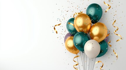 A vibrant cluster of balloons in green, gold, and white, accompanied by colorful confetti, perfect for festive celebrations.
