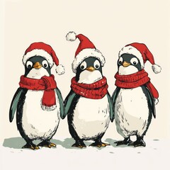 Fototapeta premium Three Penguins Wearing Santa Hats