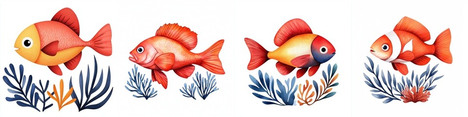Fototapeta premium wildlife impact harmony concept. Colorful fish illustrations featuring various species with vibrant hues, surrounded by aquatic plants, creating a lively underwater scene.