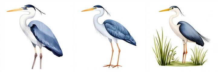 Fototapeta premium wildlife impact harmony concept. Three elegant herons in various poses, showcasing their long legs, slender bodies, and distinctive blue-gray plumage against a white background.