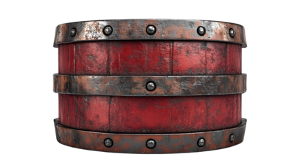 Rustic Red Wooden Barrel with Metal Bands, Vintage Container