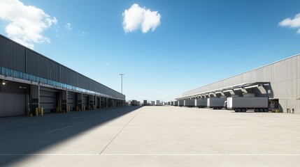 A warehouse exterior shot, showing a large loading dock with several trucks backed up and a clear blue sky overhead 