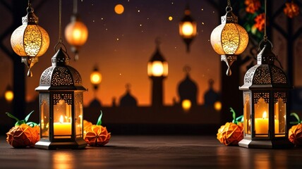Obraz premium Elegant Ramadan lanterns illuminate the grey nightscape, casting warm glances. Ornamental patterns and decorative elements add charm, creating a festive atmosphere.