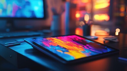 Fototapeta premium vibrant tablet displaying colorful abstract art on a desk