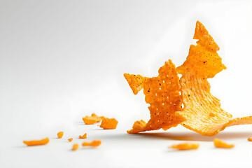 Fototapeta premium Crunchy Orange Snack Chips on White Background with Fragments Captured in Motion