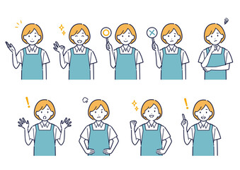 エプロンを着た女性の表情バリエーションセット＿イラスト