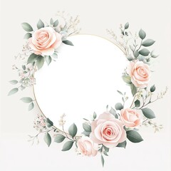 Elegant Floral Wreath with Pink Roses, Watercolor wreath featuring soft pink roses and lush green foliage arranged around a circular gold frame, perfect for romantic designs.

