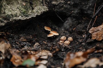 Close-up of a small patch of wild mushrooms growing on forest floor, Earth Day forest preservation, earthy textures, natural light.