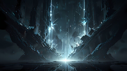 An ethereal dimension rift illustrated with jagged cracks running across a misty, cloud-like background, with glowing white light spilling out and fractal shapes forming near the edges of the cracks