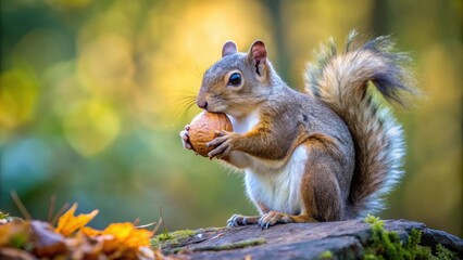 Obraz premium Forest squirrel expertly peeling a large nut in preparation for winter hibernation, squirrel, forest, nut, peeling, animal