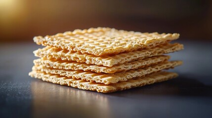 Photorealistic Side View of Stack of Crisp Wafers on Dark Background with Soft Lighting Effects