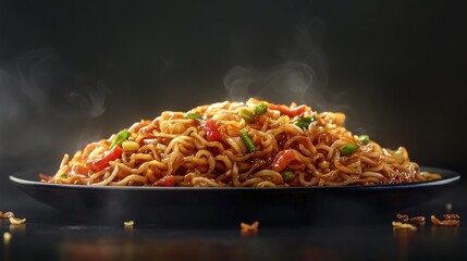 Photorealistic Side View of Delicious Yakisoba with Vegetables and Steam Rising on a Dark Background