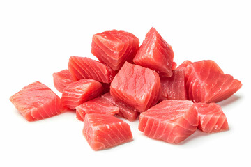 Fresh Cubes of Raw Tuna Fish on a White Background Ready for Culinary Preparation