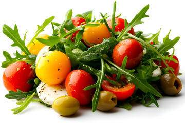 Fresh Garden Salad with Colorful Tomatoes, Arugula, and Olive Garnish on Bright Background