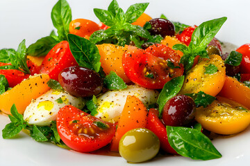 Fresh and Colorful Caprese Salad with Cherry Tomatoes, Mozzarella, and Basil Garnish