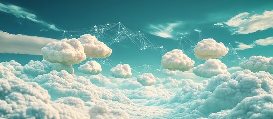 An artistic representation of interconnected clouds in a digital landscape symbolizing collaboration and the sharing of information