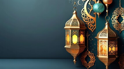 Fototapeta premium A collection of glowing lanterns and intricate patterns adorns a deep blue wall, capturing the essence of Ramadan with vibrant artistry.
