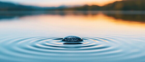 mindful living awareness concept. A close-up of water ripples around a droplet, reflecting serene colors of a sunset over a calm lake.