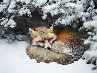 Fototapeta premium fox sleeping in snow