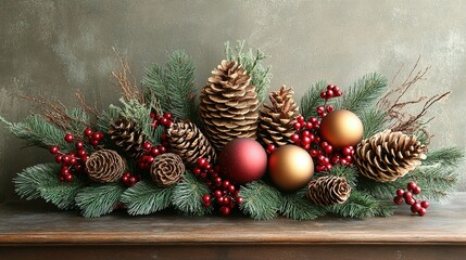 Festive Christmas centerpiece with pine cones and ornaments