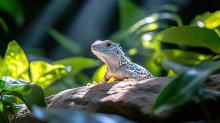 Blue lizard basking on rock, sunlight.
