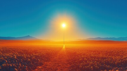 Bright sun over a vast, orange desert landscape.