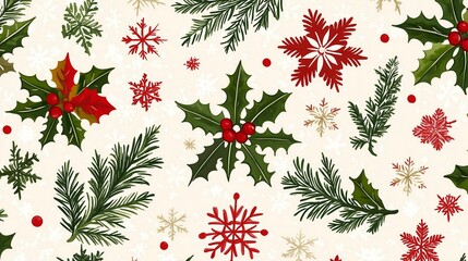 Christmas pattern on gift wrapping paper with Christmas patterns in bright red and green tones. This pattern consists of classic Christmas elements such as snowflakes, holly leaves.