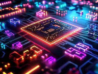 Obraz premium A futuristic computer chip with intricate designs illuminated by vibrant colors showcasing advanced technology