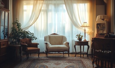 Cozy living room with soft lighting, plants, and vintage furniture.
