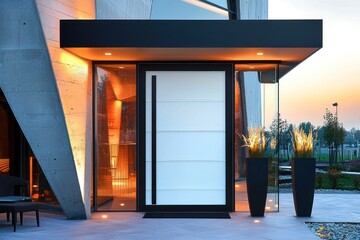 Obraz premium Frosted glass pivot door with black frame, surrounded by modern architectural design and lighting.