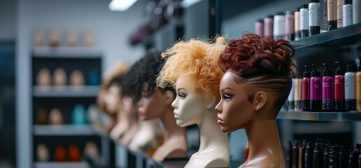 Display of diverse mannequin heads showcasing various hairstyles in a salon.