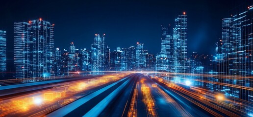 Fototapeta premium Futuristic cityscape with illuminated skyscrapers and dynamic light trails.