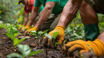 Naklejka premium Reforestation Efforts: Planting diverse tree species in deforested regions on a large scale to restore habitats, support wildlife, and mitigate climate change effects. 
